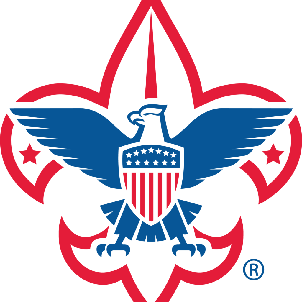 2024 Scouting America emblem depicting clip-art of a blue eagle with a patriotic shield across it's chest. The eagle overlays a red fleur de lis on a white background