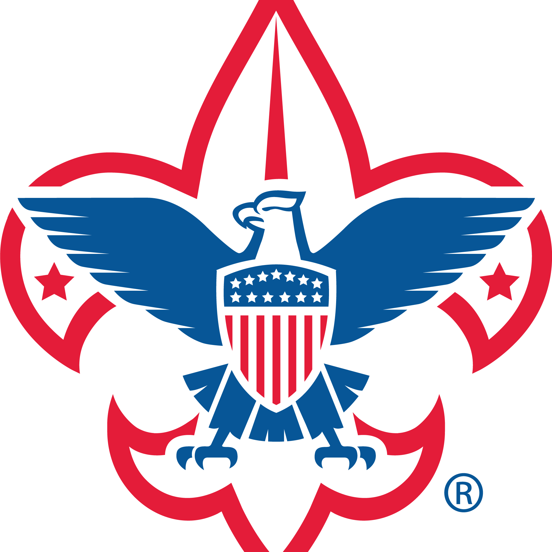 2024 Scouting America emblem depicting clip-art of a blue eagle with a patriotic shield across it's chest. The eagle overlays a red fleur de lis on a white background
