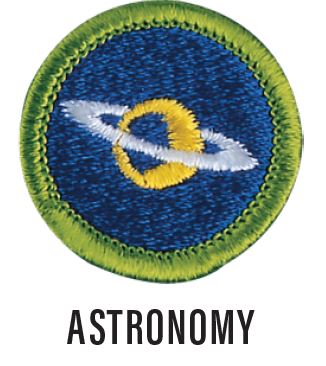 Image of the Astronomy merit badge. The badge is dark blue with a green border and a planet with rings in the middle