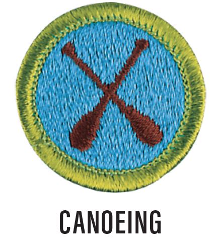 Image of a Canoeing merit badge. The badge is blue with a green border and two brown oars crossed in the middle.