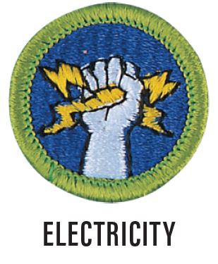 Image of the Electricity merit badge. The badge is blue with a green border and hand holding a lightning bolt in the middle