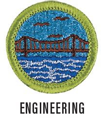 Image of the Engineering merit badge. The badge is blue with a green border and a bridge built across a body of water.