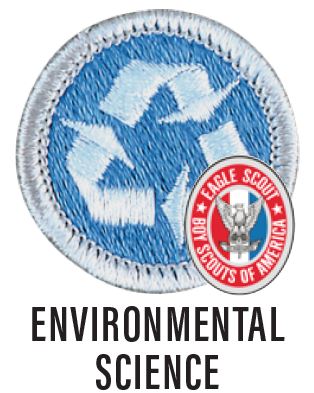 Image of the Environmental merit badge. The badge is blue with a white border and a white recycling symbol in the middle