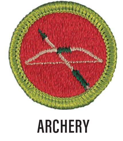 Image of the Archery merit badge. The badge is red with a green border and bow and arrow in the center.