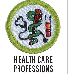 Photo of Healthcare Merit Badge. There is a green border with a light blue background and the snake medical symbol in the center. There is also a beaker with fluid and a stethoscope on the sides