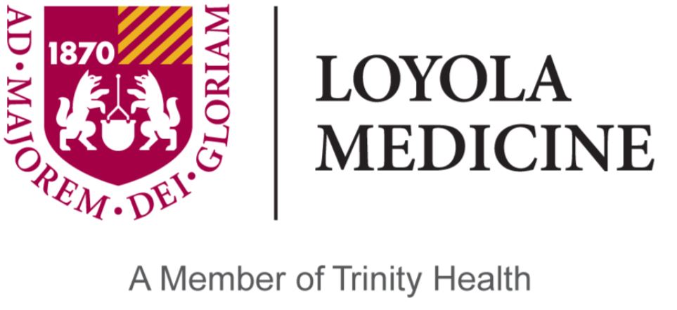 Business logo for Loyola Medicine. There is a emblem and Latin surrounding the outside of the shield emblem. There are the words "Loyola Medicine A member of Trinity Health."
